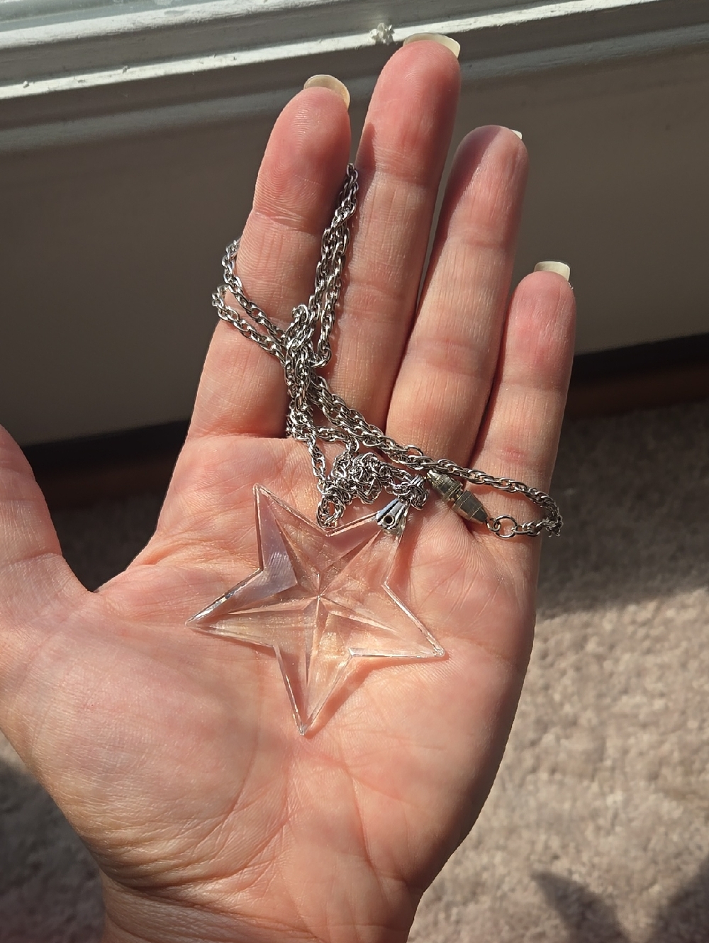 Vintage Clear Glass Star Pendant Necklace With A Silver Chain